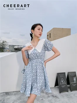 CHEERART Vintage Námorník Golier Lístkového Rukávom Letné Šaty Pre Ženy 2022 Krátky Rukáv Riadok Mini kórejský Módne Oblečenie Oblečenie