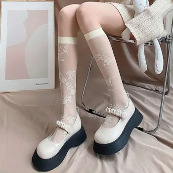 Dámske ponožky roztomilé biele lýtka ponožky cez-mäso žakárové pančuchy lolita rose mid-trubice ponožky