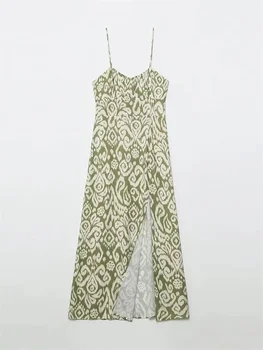Móda Ženy Zelená Vytlačené Korzety-Inšpiroval Midi Šaty tvaru S Tenkými pásikmi Späť Zip Predné Rozdeliť Na Leme